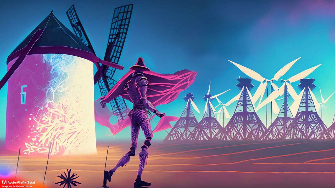 Stilmittel beim Storytelling Don Quijote gegen Windmühlen kämpft, weil er glaubt, dass sie gefährliche Riesen sind