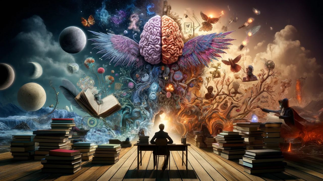 Storytelling und Psychologie -a person sitting at a table looking at a large brain