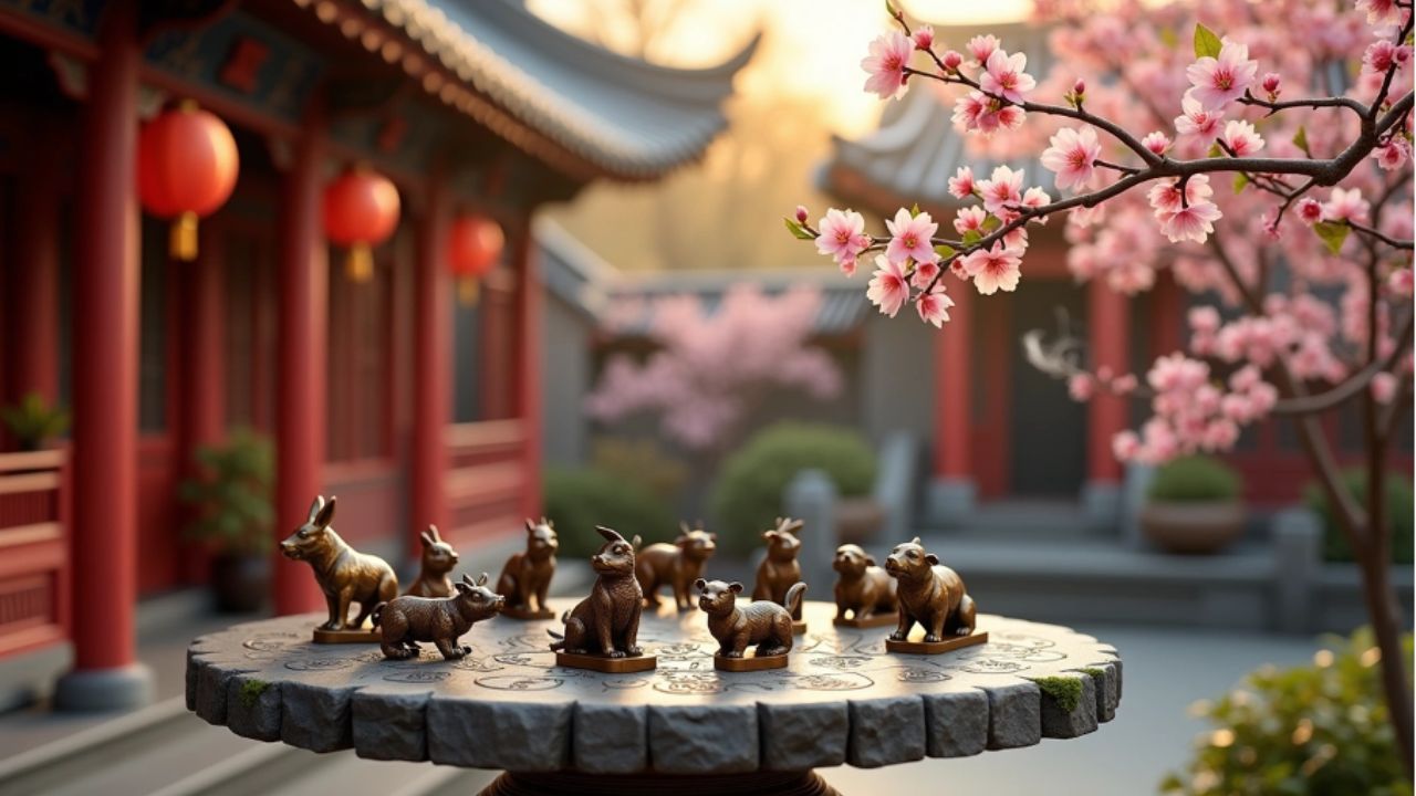 Die Chinesischen Sternzeichen als Figuren auf einem Tisch